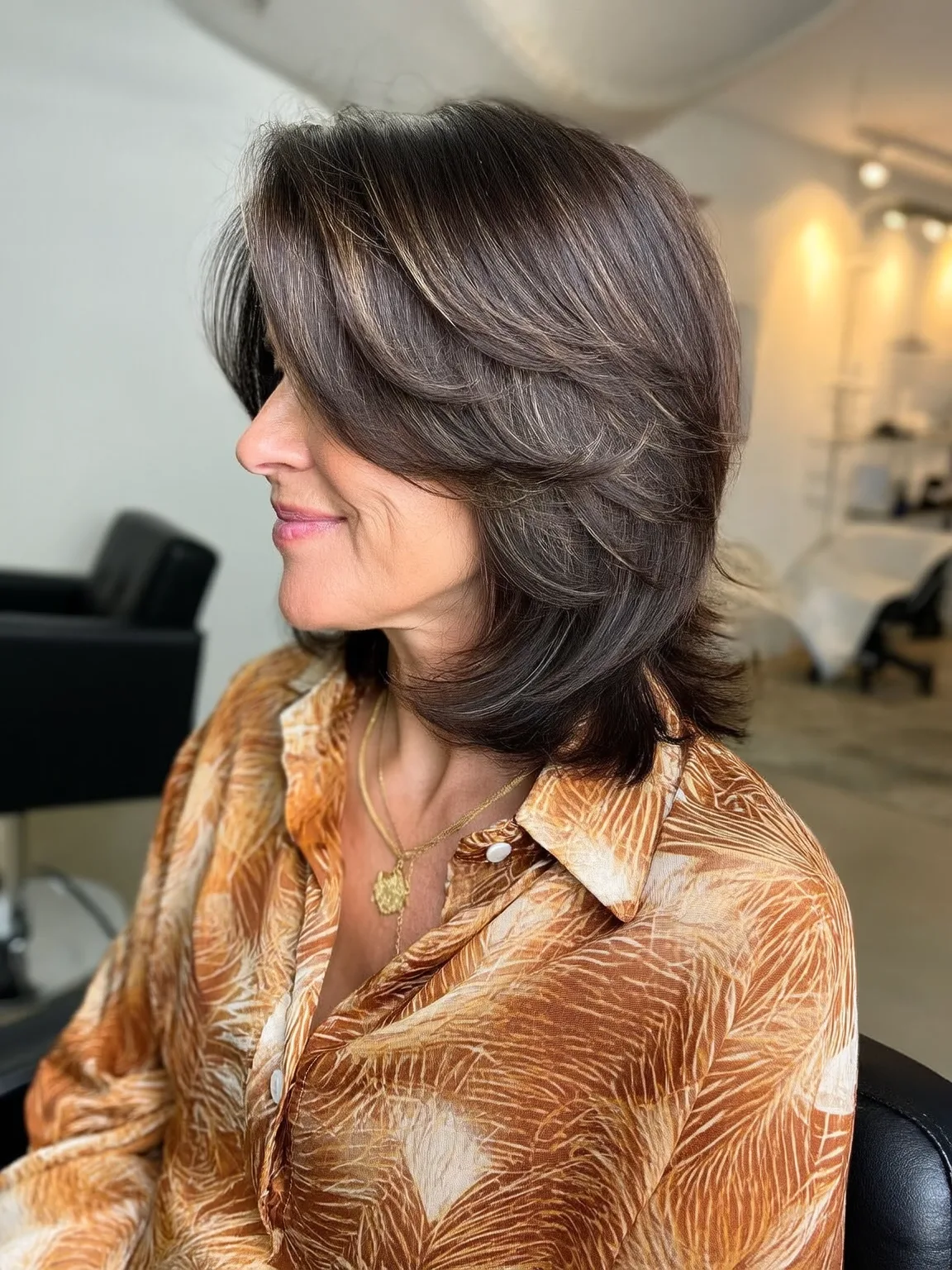 Feathered Medium Chocolate Brown Layers with Side Bangs